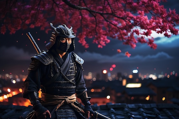 Samurai com katana na frente de uma lua cheia à noite