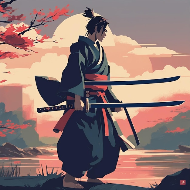 Samurai com uma espada na mão ilustração vetorial pintura acrílica tendência na paleta Pixiv Fanbox