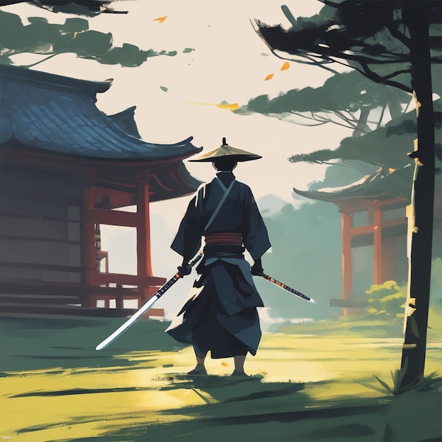 Samurai com uma espada na mão ilustração vetorial pintura acrílica tendência na paleta Pixiv Fanbox