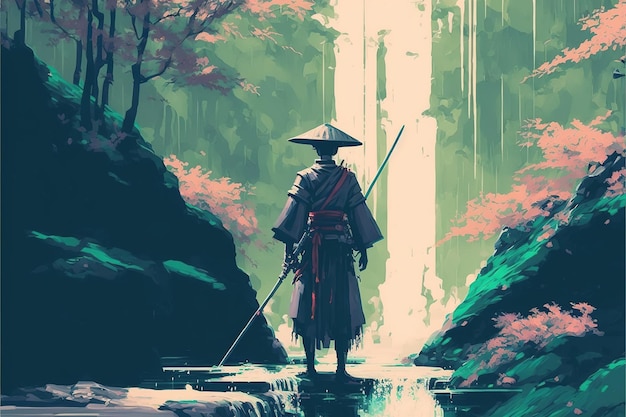 Foto samurai em pé no jardim da cachoeira com espadas no chão ilustração de estilo de arte digital pintura conceito de fantasia de um samurai perto da cachoeira