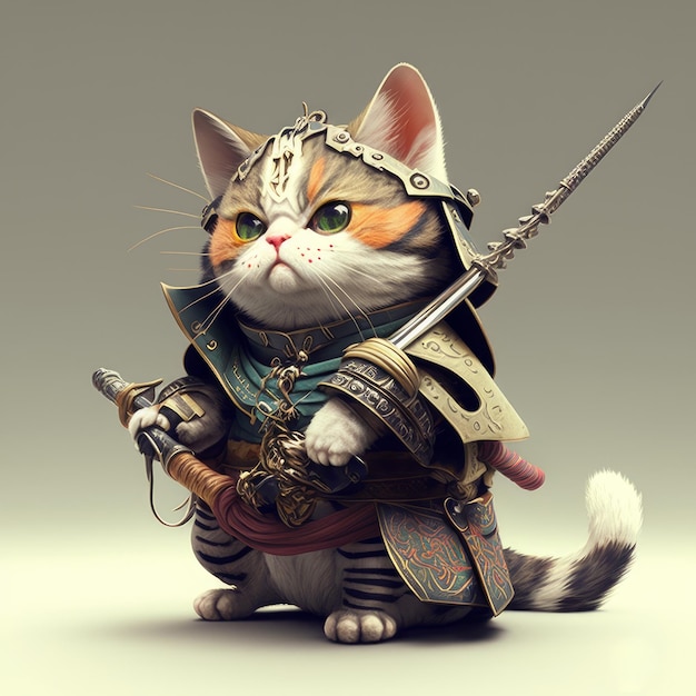 Samurai engraçado gato cavaleiro com uma espada e escudo em um fundo cinza Generative AI