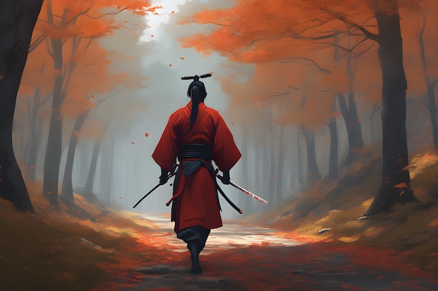 Samurai errante no meio de uma floresta cheia de folhas vermelhas que caem