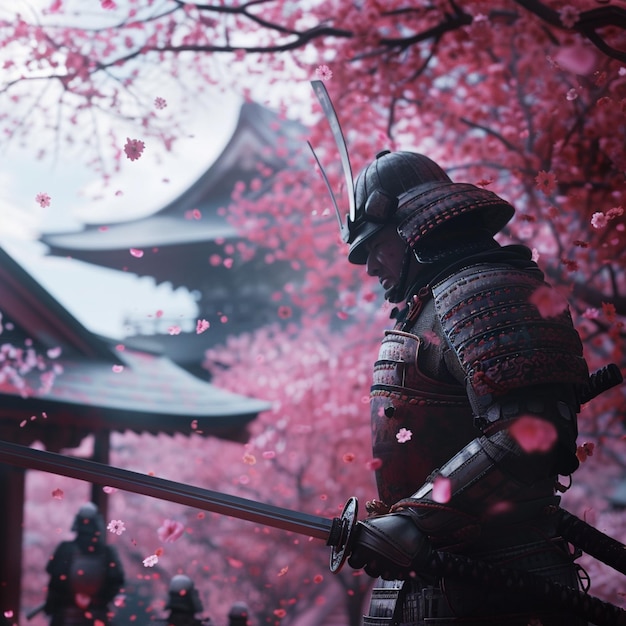 Foto un samurai con una espada y un árbol de cerezas rosadas en el fondo