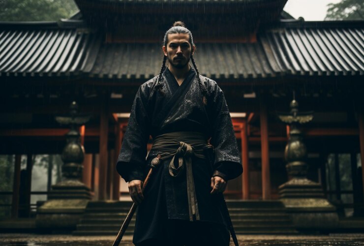 un samurai con una espada se encuentra frente a un antiguo templo japonés