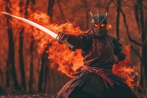 Samurai con espada de fuego en Japón AI