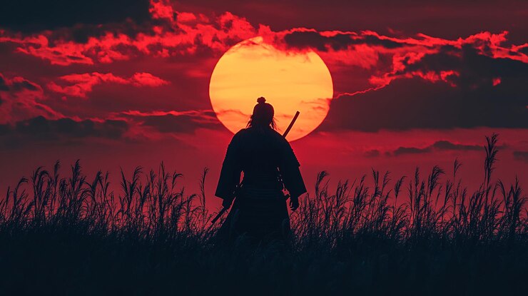 Un samurai está dando un paseo por un campo al atardecer.