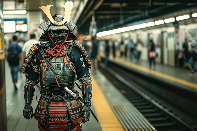 Foto un samurai estoico navega por una estación de metro vestido con una armadura tradicional que encarna una fusión de la antigua h