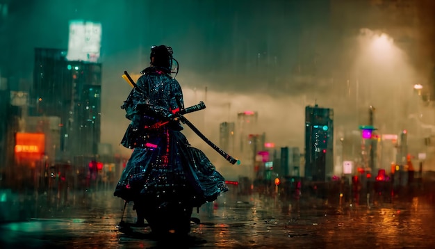 Samurai en el fondo de la lluvia de la ciudad de neón de la noche Calles lluviosas oscuras luces de neón en la oscuridad Samurai silueta calles de la ciudad oscura humo smog fondo borroso Ilustración 3D