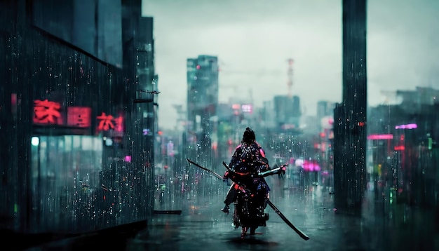 Samurai en el fondo de la lluvia de la ciudad de neón de la noche Calles lluviosas oscuras luces de neón en la oscuridad Samurai silueta calles de la ciudad oscura humo smog fondo borroso Ilustración 3D