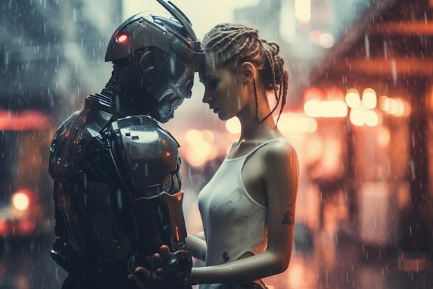 Samurai y geisha navegando por el amor en un cyberpunk