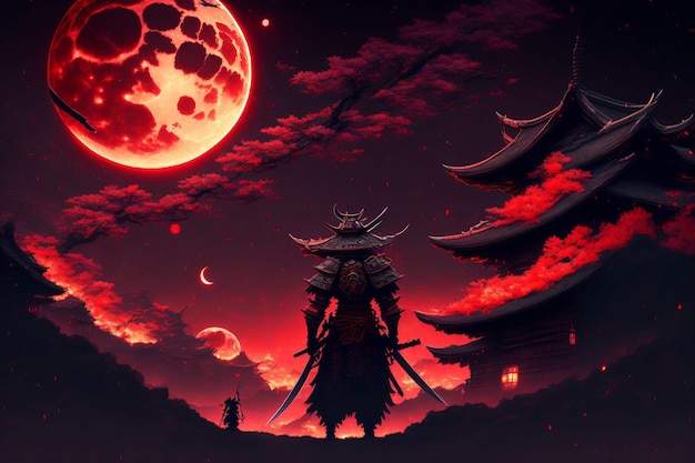 Samurai hält zwei Katana mit einem roten Mond am Himmel