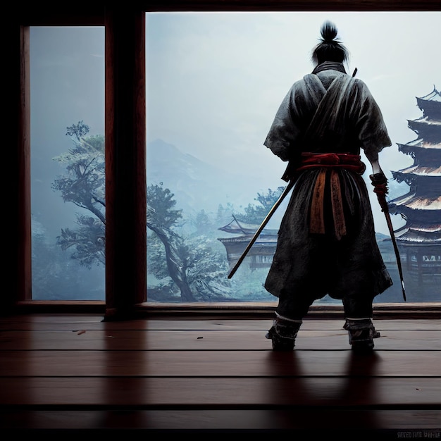 Samurai hombre en Japón edificios 3d renderizado