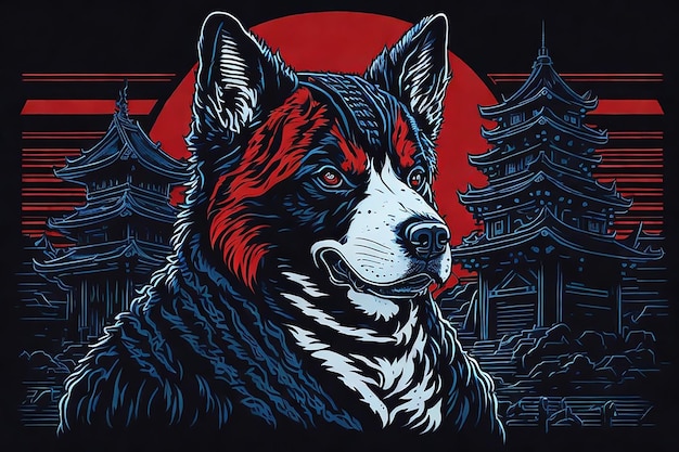 Samurai-Hund Husky-Kostüm Illustrationsbasierter bunter Hund