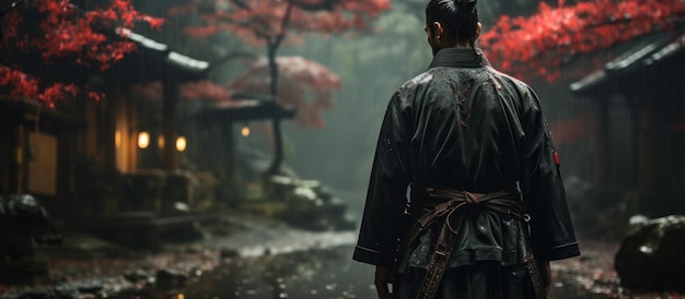 Foto samurai japonês em kimono com uma espada em um templo japonês