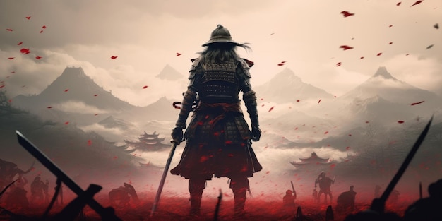 Un samurái con una katana está listo para luchar contra un enorme ejército.