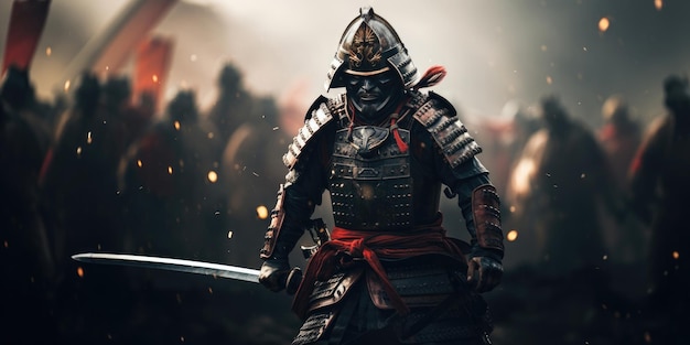 Un samurái con una katana está listo para luchar contra un gran ejército.