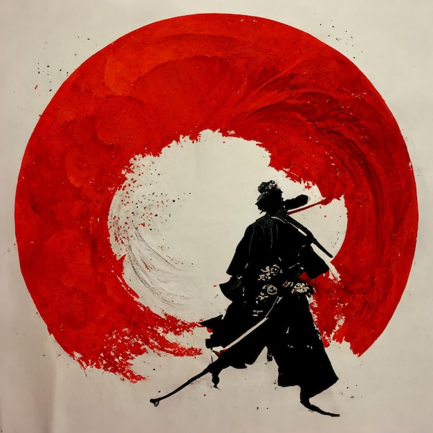 Samurai con Katana con fondo de círculo rojo japonés. Artes digitales tradicionales de acuarela.