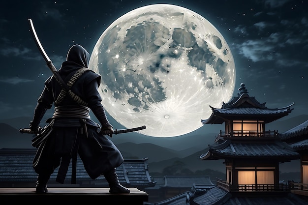 Samurai con katana frente a una luna llena en la noche