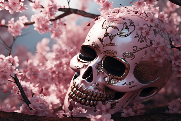 Samurai Kirschblüten-Schädel Ein Schädel, geschmückt mit 00530 02