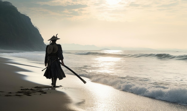Samurai-Krieger steht allein am Sandstrand. Erstellen mit generativen KI-Tools