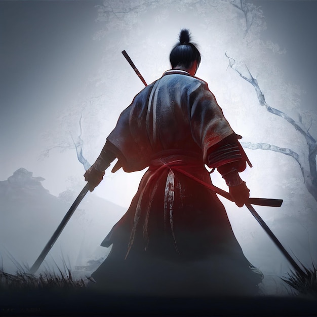 Samurai-Mann mit Katanas-Rückansicht 3D-Rendering