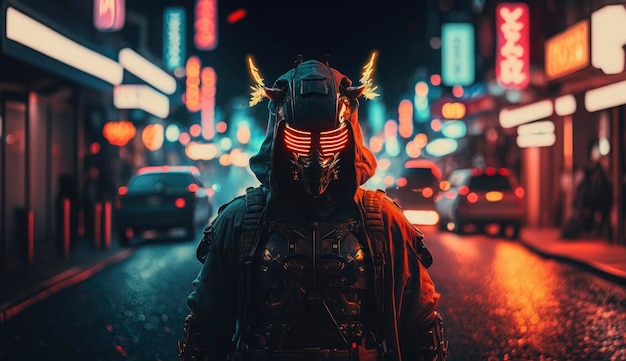 Samurai en medio de la calle con luces de neón borrosas en la noche en el fondo Ilustración digital generativa AI posproducida