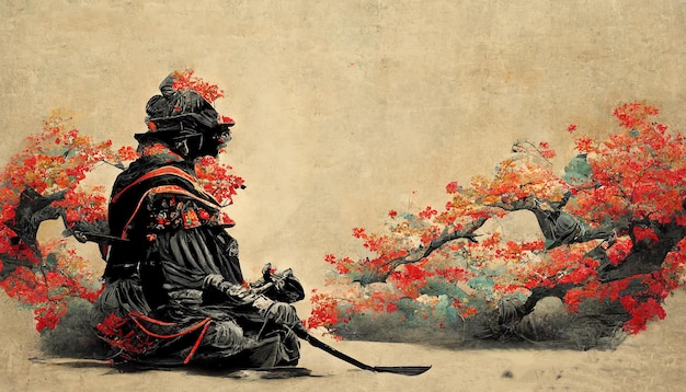 Samurai meditando en un jardín floreciente estilo vintage