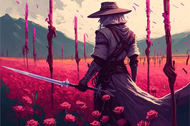 Samurai mit der Waffe Samurai, der zwischen den Schwertern steht, die auf dem Boden in den Blumenfeldern aufgespießt sind Illustrationsmalerei im digitalen Kunststil