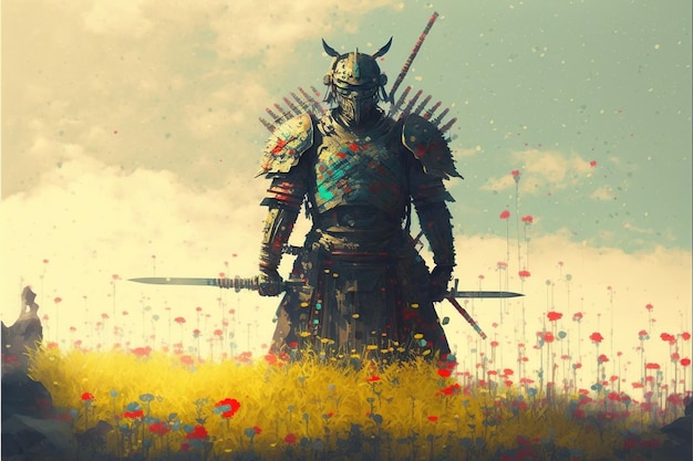 Samurai mit der Waffe Samurai, der zwischen den Schwertern steht, die auf dem Boden in den Blumenfeldern aufgespießt sind Illustrationsmalerei im digitalen Kunststil