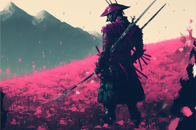 Samurai mit der Waffe Samurai, der zwischen den Schwertern steht, die auf dem Boden in den Blumenfeldern aufgespießt sind Illustrationsmalerei im digitalen Kunststil