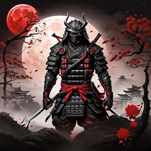 Foto samurai ninja com lua vermelha de fundo