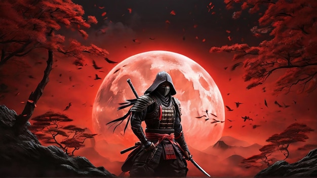 Samurai Ninja bajo la Luna Roja