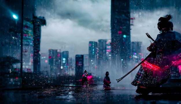 Samurai no fundo da noite chuva da cidade de néon ruas chuvosas escuras luzes de neon no escuro silhueta de samurai ruas da cidade escura fumaça smog fundo desfocado ilustração 3d