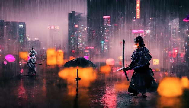 Samurai no fundo da noite chuva da cidade de néon Ruas chuvosas escuras luzes de neon no escuro Silhueta de samurai ruas da cidade escura fumaça smog fundo desfocado ilustração 3D