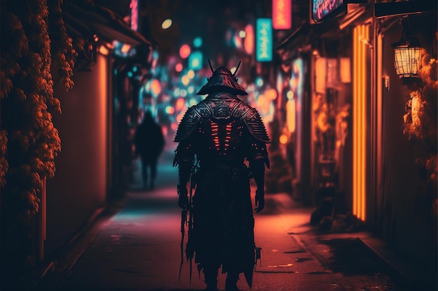 Foto samurai no fundo de uma cidade neon cyberpunk aumentos cibernéticos mestre da espada esgrima conjunto completo de armadura ilustração em alta qualidade generative ai