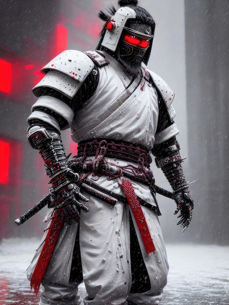 Un samurái con ojos rojos se para en la nieve con una luz roja en la cara.