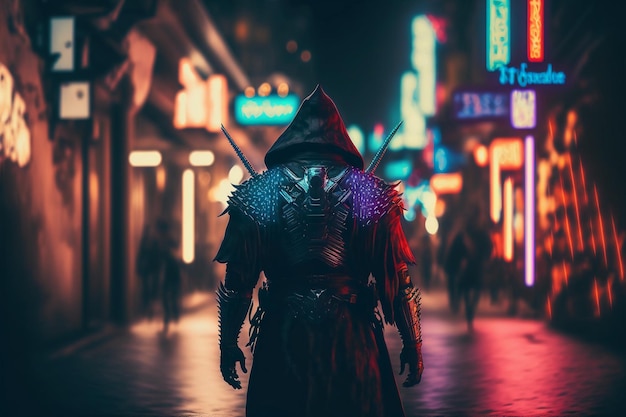 Samurai oscuro de pie en la calle. Persona inexistente en la ilustración digital Generativa AI.
