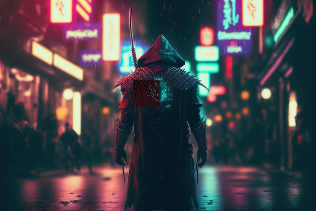 Samurai oscuro de pie en la calle. Persona inexistente en la ilustración digital Generativa AI.