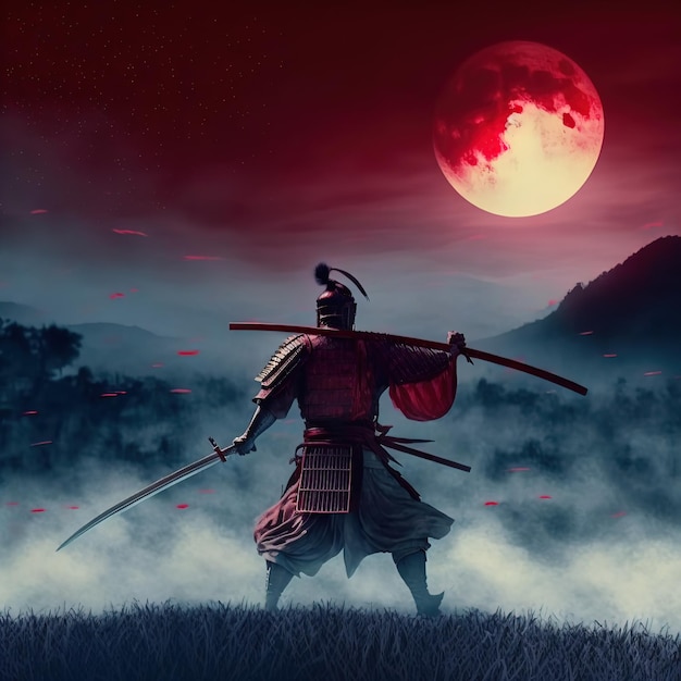 Samurai parado cerca de una cascada estilo de arte digital ilustrado en 3d. ilustración de trama