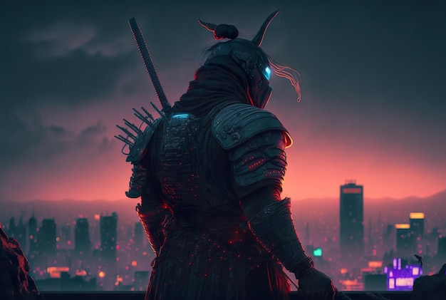 Samurai de pie en el techo con luces de neón de la ciudad ai generativo