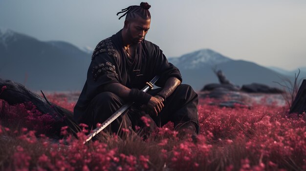 Foto samurai preto com katana em campo de flores em um belo pôr do sol