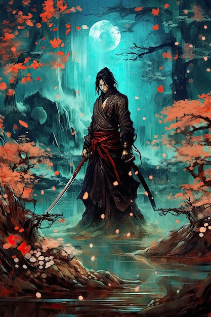 Samurai-Schwertkunst, Fantasy-Charakter, Illustration, Porträt, Halloween, Magie, Buchkunst, Tapete, Epos