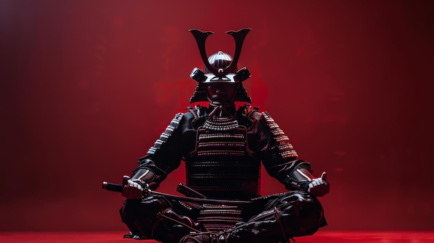 Foto un samurai se sienta en posición de seiza con las manos apoyadas en las rodillas lleva una armadura de samurai negra y roja y un casco con una cresta roja