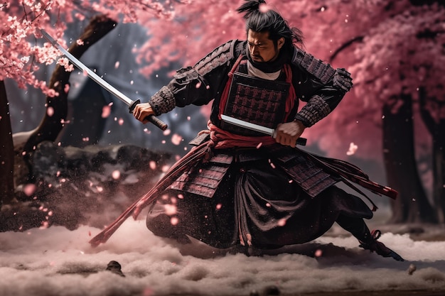 Samurai solitario practicando con espadas entre árboles de sakura en primavera IA generativa