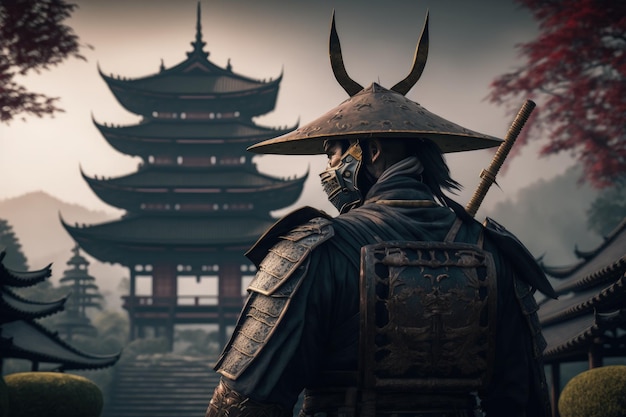 Samurai y templo oriental al fondo samurai con armadura AI