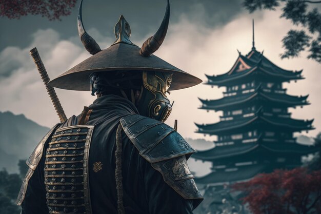 Samurai y templo oriental al fondo samurai con armadura AI