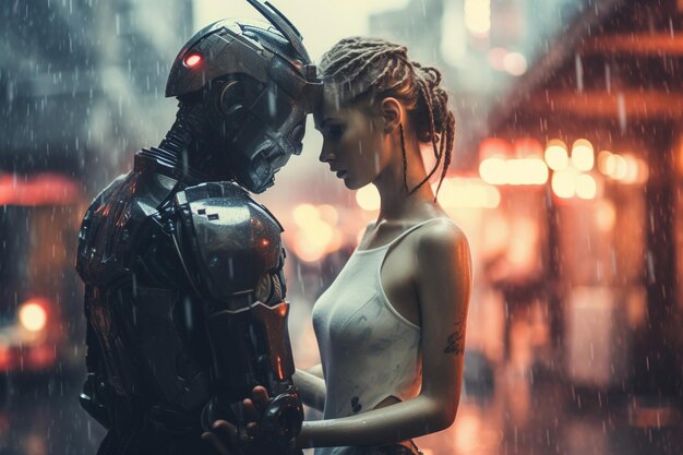 Samurai und Geisha navigieren in der Liebe in einem Cyberpunk