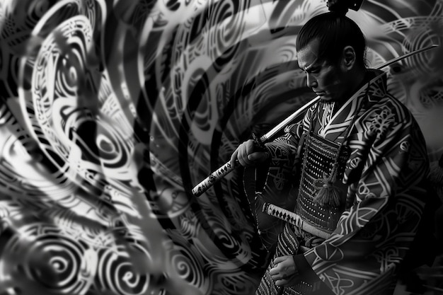 Foto samurai verloren in einem labyrinth mit kimono-wänden