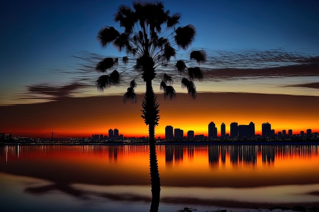 San Diego antes do amanhecer com uma silhueta de uma palmeira