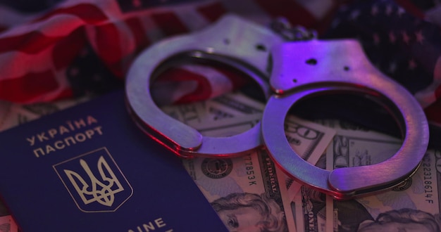 Sanções de prisão com corrupção criminal algemas dinheiro notas de dólar da polícia de luz piscante no pa